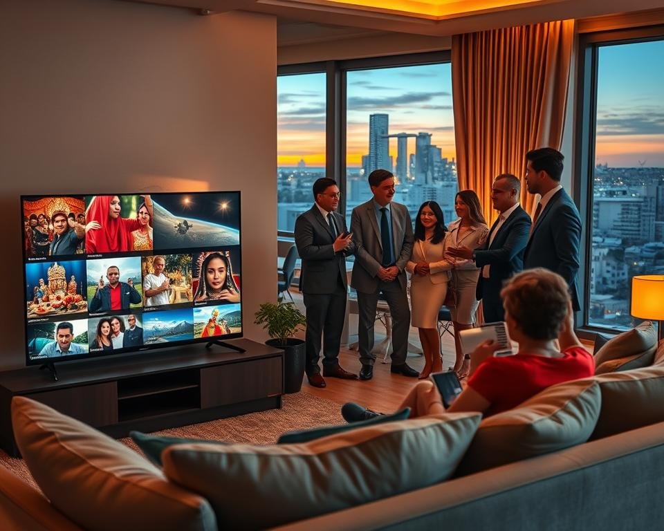 A captivating scene depicting a vibrant, multicultural entertainment hub, showcasing an array of international content. In the foreground, a stylish living room features a modern flat-screen TV, displaying vivid scenes from various global shows—cultural festivals, culinary delights, and dramatic landscapes. A cozy couch with plush cushions invites viewers to enjoy the experience. In the middle ground, a diverse group of people from different backgrounds, dressed in professional business attire, are engaged in lively discussion about their favorite shows, reflecting excitement and camaraderie. The background contains a tastefully decorated room with warm lighting, soft shadows, and a window revealing a city skyline at dusk, creating an inviting and dynamic atmosphere. The overall mood conveys the joy of discovering exclusive international content through IPTV, inspiring viewers to explore new horizons.