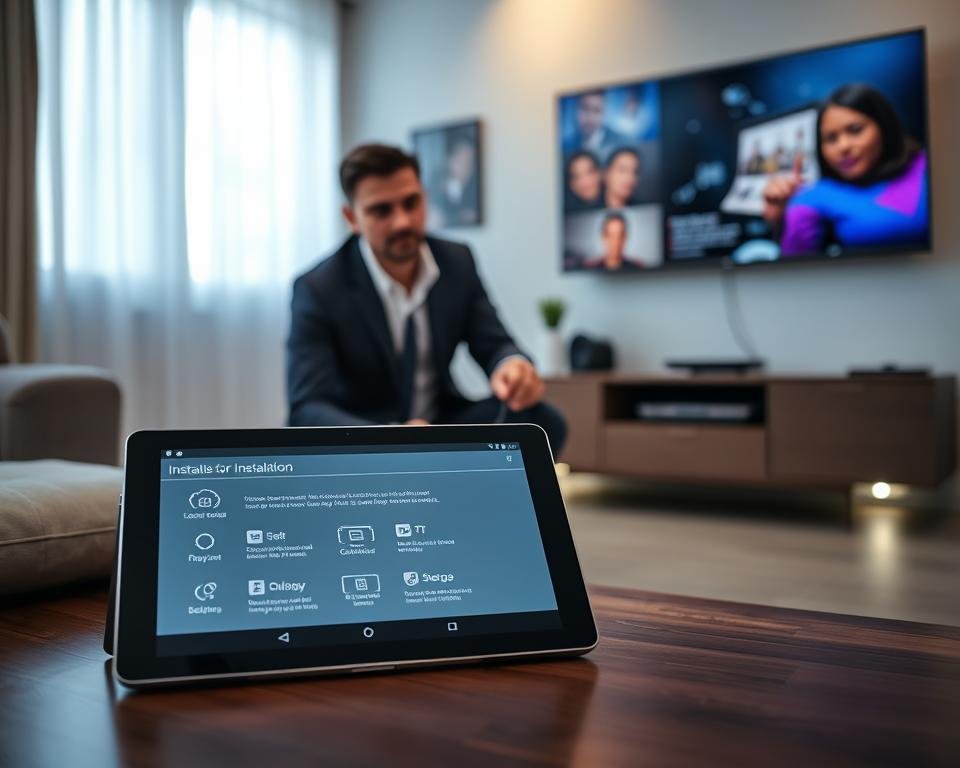 A clean and modern living room setup focused on an installation application process for IPTV. In the foreground, a sleek tablet showing an installation interface, with step-by-step guides clearly presented. In the middle, a professional technician in a smart outfit is kneeling beside the tablet, demonstrating steps with a cable and an IPTV device. Background features a stylish TV mounted on the wall, displaying vibrant streaming content with subtle ambient lighting highlighting the room. Soft natural light filters through a window, creating a welcoming atmosphere. The scene is captured from a slightly elevated angle, emphasizing the interaction between the technician and the installation application while maintaining a clear view of the room's layout and decor. The mood is informative and engaging, perfect for illustrating the installation process.