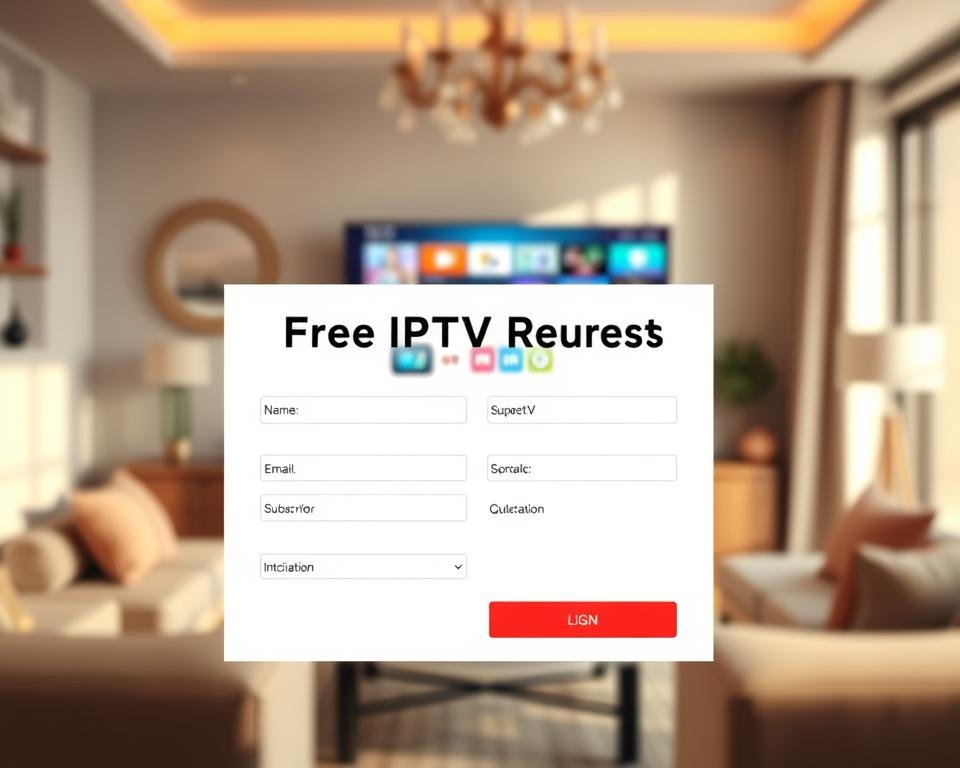 A clean and professional digital form titled "Free IPTV Test Request" prominently displayed in the foreground, with blank fields for name, email, and subscription details. The form is set against a soft-focus background featuring an elegant living room with a modern television showing vibrant IPTV content. Warm, natural lighting filters in from a window, creating an inviting atmosphere. Use a slight depth of field to draw attention to the form while maintaining hints of the cozy room environment. The overall mood conveys a sense of ease and accessibility, inviting viewers to engage with the process of obtaining an IPTV test.