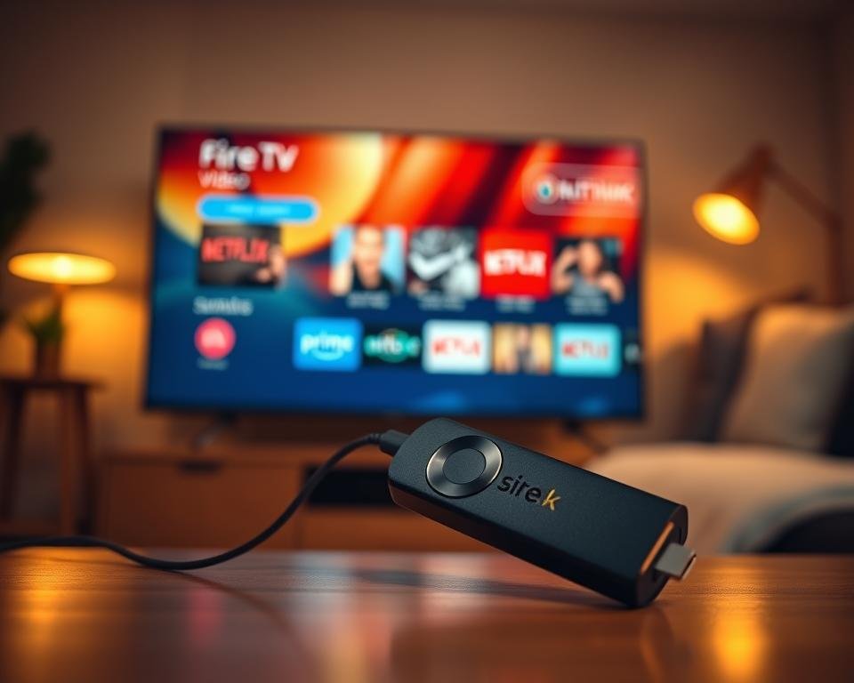 A close-up view of a Fire TV Stick configured on a modern flat-screen TV. The foreground features the sleek, dark Fire TV Stick plugged into a sleek smart TV's HDMI port, glistening under soft, warm lighting. In the middle, the TV screen displays a vibrant, user-friendly home interface, showcasing various streaming app icons like Netflix and Prime Video. The background is warmly lit, with a cozy living room setting featuring a comfortable couch and soft pillows, creating an inviting atmosphere. A subtle bokeh effect enhances the scene, drawing attention to the Fire TV Stick while providing a relaxed feel. The composition is shot from a slightly angled view, emphasizing the sleek design of the device and the colorful screen, evoking a sense of easy entertainment and modern technology.