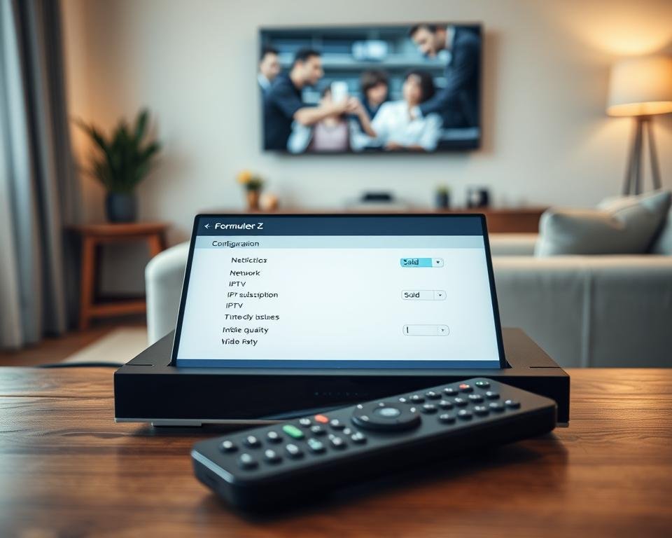 A close-up view of a Formuler Z IPTV device, showcasing its sleek design and interface. The device is positioned on a modern wooden desk, surrounded by a compact home entertainment setup. In the foreground, display a well-lit screen with the Formuler Z configuration menu open, featuring settings for network, IPTV subscription, and video quality adjustments. The middle ground includes a remote control, with clearly labeled buttons, slightly askew as if just used. The background consists of a softly lit living room atmosphere with a stylish couch and wall-mounted flat-screen TV, creating a cozy and inviting mood. Use soft, natural lighting to enhance details and textures, aiming for a focused shot as if viewed from a slightly elevated angle.