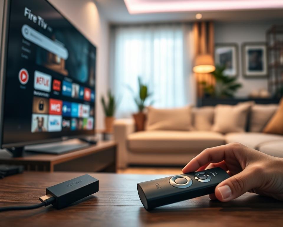 A close-up view of a configuration process on a sleek Fire TV Stick, set against a stylish modern living room environment. The foreground features the Fire TV Stick plugged into the HDMI port of a flat-screen TV, displaying the Android TV interface with clear icons of popular streaming services. In the middle ground, a remote control lies beside the TV, with one hand reaching for it, suggesting interaction. The background showcases a cozy living room with soft ambient lighting, highlighting a plush sofa and decorative elements like a potted plant and wall art. The overall mood is inviting and tech-savvy, hinting at a seamless streaming experience. The scene captures the excitement of setting up IPTV on these devices, emphasizing clarity and focus on the technology. A close-up view of a configuration process on a sleek Fire TV Stick, set against a stylish modern living room environment. The foreground features the Fire TV Stick plugged into the HDMI port of a flat-screen TV, displaying the Android TV interface with clear icons of popular streaming services. In the middle ground, a remote control lies beside the TV, with one hand reaching for it, suggesting interaction. The background showcases a cozy living room with soft ambient lighting, highlighting a plush sofa and decorative elements like a potted plant and wall art. The overall mood is inviting and tech-savvy, hinting at a seamless streaming experience. The scene captures the excitement of setting up IPTV on these devices, emphasizing clarity and focus on the technology.