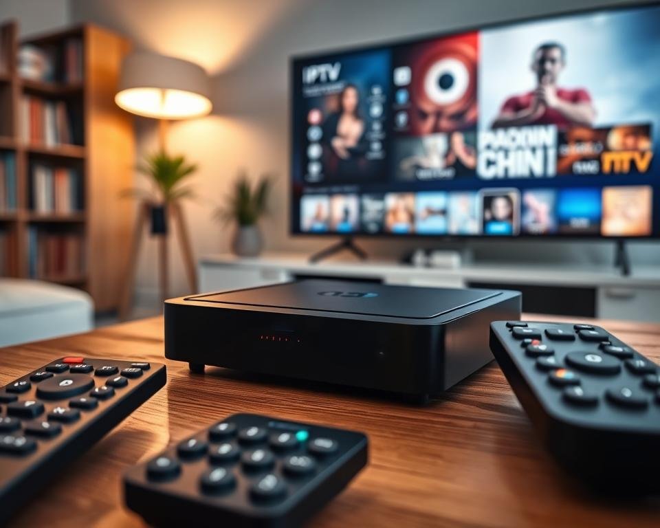 A close-up view of a modern Android Box set on a stylish wooden table, surrounded by a cozy living room environment. The Android Box is sleek and rectangular, featuring a subtle glowing LED light indicating it's powered on. In the foreground, there are a couple of remote controls, one with customizable buttons, hinting at easy navigation. The middle part of the image shows a large flat-screen TV displaying vibrant IPTV content, showcasing channels or streaming options. The background includes soft lighting from a floor lamp, creating a warm and inviting atmosphere, while a plant and a bookshelf filled with DVDs add a touch of homeliness. The perspective is slightly angled, emphasizing the setup’s user-friendly design, capturing the essence of testing IPTV on an Android Box.