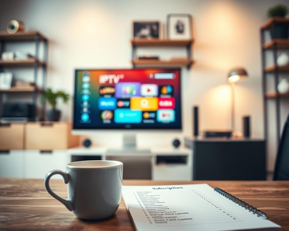 A close-up view of a modern home office setup featuring a sleek computer displaying a vibrant IPTV subscription interface on the screen. In the foreground, a stylish coffee cup sits beside a notepad with subscription options listed in a neat manner. The middle ground shows a large monitor with colorful icons representing various IPTV channels. In the background, soft ambient lighting highlights the contemporary decor, with minimalistic shelves displaying tech gadgets and decor items. The scene should convey a sense of efficiency and modernity, emphasizing the variety of subscription options available. Use soft-focus techniques to enhance the sleekness of the setup, capturing a warm, inviting atmosphere. A close-up view of a modern home office setup featuring a sleek computer displaying a vibrant IPTV subscription interface on the screen. In the foreground, a stylish coffee cup sits beside a notepad with subscription options listed in a neat manner. The middle ground shows a large monitor with colorful icons representing various IPTV channels. In the background, soft ambient lighting highlights the contemporary decor, with minimalistic shelves displaying tech gadgets and decor items. The scene should convey a sense of efficiency and modernity, emphasizing the variety of subscription options available. Use soft-focus techniques to enhance the sleekness of the setup, capturing a warm, inviting atmosphere.