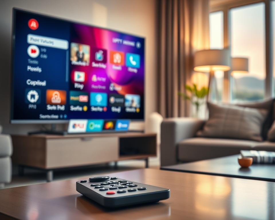 A close-up view of a modern smart TV displaying a vibrant interface of an IPTV application, highlighting features such as channel variety, streaming quality, and user ratings. In the foreground, a sleek remote control rests casually on a stylish coffee table, hinting at the user experience. In the middle ground, a cozy living room scene with comfortable seating and soft cushions creates an inviting atmosphere. The background features soft ambient lighting from a lamp, adding warmth to the room. A window shows a scenic view of a peaceful outside landscape, enhancing the mood of relaxation and enjoyment. The overall feeling is one of convenience and accessibility, perfect for engaging with IPTV services.