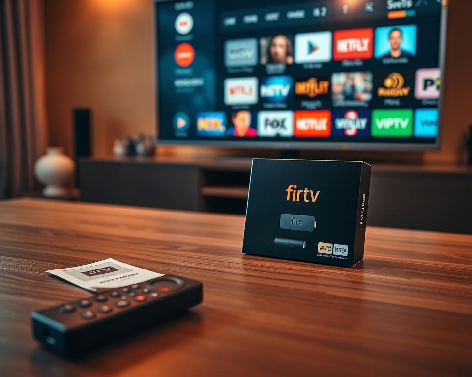 A close-up view of an Android Fire TV Stick configuration box positioned on a sleek, modern wooden table. In the foreground, focus on the black box adorned with the recognizable Fire TV logo, partially opened to reveal the user manual and setup instructions inside. The middle ground features a remote control, with buttons highlighting key functions for IPTV streaming. In the background, a large flat-screen television displays a vibrant IPTV interface, with colorful channels and content previews. Soft, warm lighting illuminates the scene, creating a cozy tech-savvy atmosphere, while a slight depth of field adds a professional touch, emphasizing the configuration box as the main subject.
