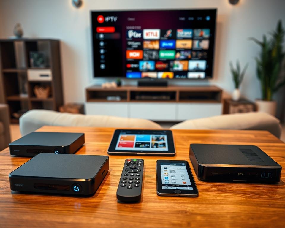 A close-up view of multiple IPTV set-top boxes and streaming devices prominently displayed on a modern wooden table in a cozy living room. The foreground features sleek, stylish devices with glowing LED indicators, while the middle showcases a thoughtfully arranged remote control and a tablet with a comparison chart of IPTV services. In the background, a large flat-screen TV is mounted on the wall, displaying a vibrant, colorful menu interface with various streaming options. Soft, warm lighting illuminates the scene, creating an inviting atmosphere. A comfortable couch and contemporary decor complete the setting, evoking a sense of home entertainment and relaxation.