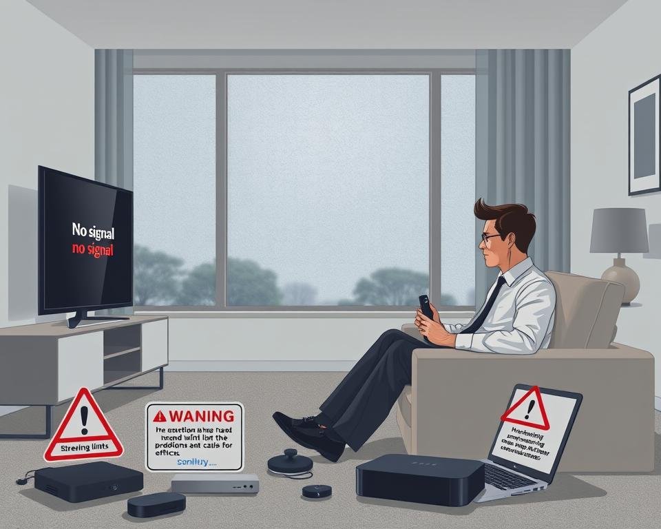 A conceptual illustration depicting the limitations of IPTV services. In the foreground, a modern living room with a sleek TV displaying a "no signal" screen, symbolizing connectivity issues. A frustrated individual in professional attire sits on a comfortable sofa, holding a remote control, representing consumer frustration. In the middle ground, various digital devices like a streaming box and a laptop are scattered, encircled by warning signs highlighting bandwidth limits and restrictions. The background features a slightly blurred window showing a gloomy, rain-soaked day, evoking a sense of isolation. Use soft, diffused lighting to create a contemplative mood, focusing on the individual while maintaining a clean and organized composition. No text or logos present. A conceptual illustration depicting the limitations of IPTV services. In the foreground, a modern living room with a sleek TV displaying a "no signal" screen, symbolizing connectivity issues. A frustrated individual in professional attire sits on a comfortable sofa, holding a remote control, representing consumer frustration. In the middle ground, various digital devices like a streaming box and a laptop are scattered, encircled by warning signs highlighting bandwidth limits and restrictions. The background features a slightly blurred window showing a gloomy, rain-soaked day, evoking a sense of isolation. Use soft, diffused lighting to create a contemplative mood, focusing on the individual while maintaining a clean and organized composition. No text or logos present.