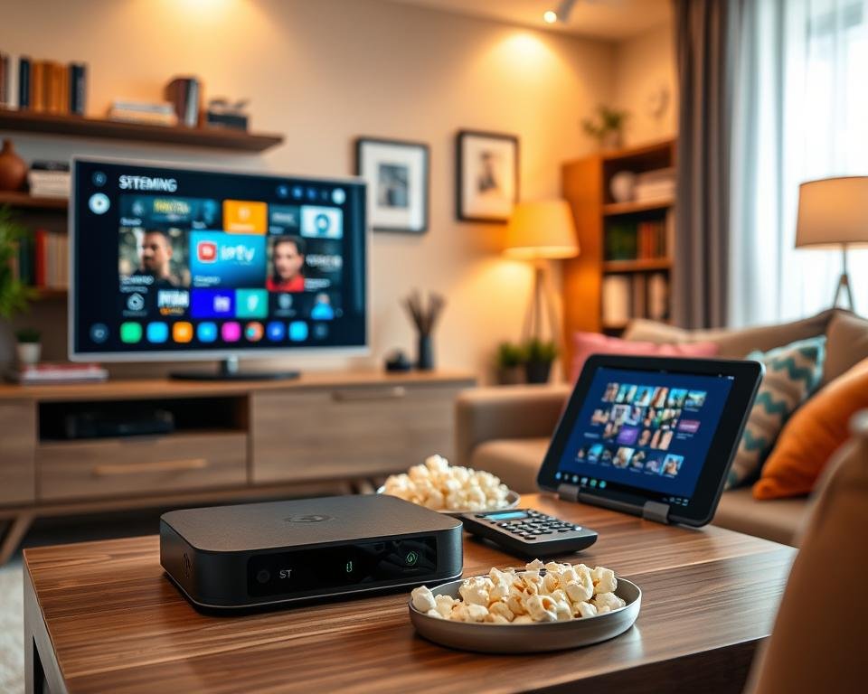 A cozy living room setting showcasing a variety of streaming-compatible devices arranged neatly on a modern entertainment center. In the foreground, there are a smart TV, a streaming box, and a tablet, all prominently displaying vibrant content. Surrounding these devices, a plush sofa adorned with colorful cushions adds warmth to the scene. In the middle ground, a stylish coffee table holds a few remote controls and a bowl of popcorn. The background features a softly lit room with bookshelves, framed pictures, and warm ambient lighting creating an inviting atmosphere. The image captures the essence of modern home entertainment, with a focus on the devices making IPTV accessible and enjoyable, portrayed in a bright and welcoming color palette.
