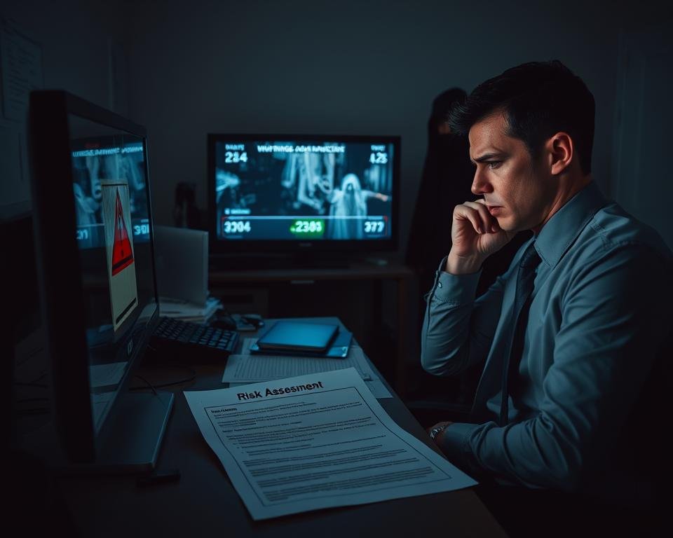A dark-themed office environment depicting a worried individual in professional attire, sitting at a desk cluttered with electronic devices and documents related to IPTV services. In the foreground, a close-up of a computer screen with warning signs and a "Risk Assessment" document open. The middle ground features a digital TV displaying distorted images and buffering icons, symbolizing unreliable IPTV service. In the background, a shadowy figure representing cyber threats lurks near the wall, enhancing the sense of danger. The dim lighting focuses on the desk area, creating a tense atmosphere. The image should evoke unease and caution, emphasizing the risks associated with IPTV services.