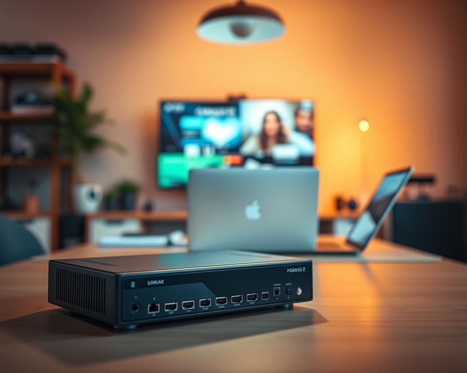 A detailed configuration box for the Formuler Z, situated prominently in the foreground, showcasing its sleek design with distinct buttons and ports. The device is illuminated by soft, warm lighting to highlight its modern features. In the middle ground, a well-organized workspace is visible, with a laptop and a few tech accessories, emphasizing a tech-savvy environment. The background features a subtle blurred image of an IPTV setup, hinting at its functionality without distraction. The atmosphere is professional and focused, evoking a sense of reliability and innovation associated with IPTV configuration. The scene is shot from an eye-level angle, ensuring clarity and accessibility to the viewer.