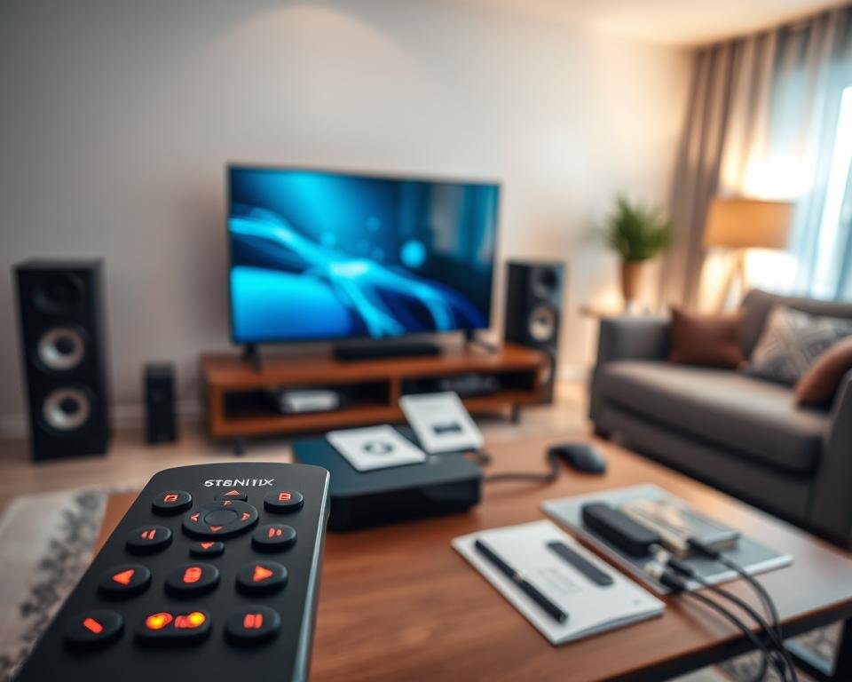 A detailed representation of a modern home entertainment setup showcasing various compatible devices, such as a sleek smart TV, streaming box, and high-quality speakers, all connected seamlessly. In the foreground, focus on a user-friendly remote control with illuminated buttons, symbolizing user interaction. The middle ground features a stylish coffee table with tech manuals and cable arrangements, emphasizing organization. The background consists of a well-lit living room bathed in soft, warm lighting, creating an inviting atmosphere. The angle should be slightly overhead, capturing the harmonious integration of technology in daily life. The mood conveys clarity and professionalism, ideal for illustrating technical compatibility and configuration.
