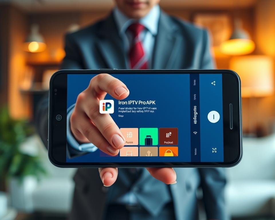 A detailed step-by-step installation process for an Android application, showcasing a modern smartphone displaying the Iron IPTV Pro APK installation screen in vibrant colors. In the foreground, emphasize the phone with a clear view of the installation interface, showing progress bars and application icons. In the middle, include hands of a user gently navigating the touchscreen, dressed in professional business attire, adding a human element to the process. In the background, softly blurred office or home setting, representing a tech-savvy environment, with warm ambient lighting creating a focused and inviting atmosphere. Capture this scene from a slightly angled top-down view to enhance clarity and depth, emphasizing the technical nature of the installation process.