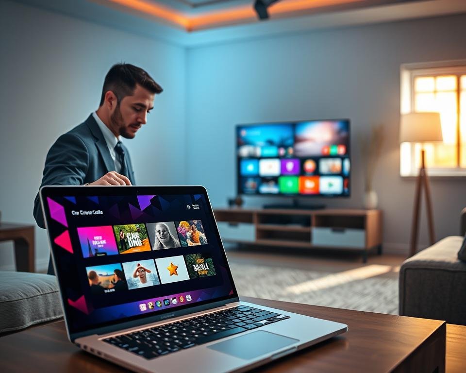 A digital ambiance capturing the essence of a free 24-hour IPTV service test. In the foreground, a modern laptop displays an engaging user interface with geometric patterns and vibrant colors representing streaming channels. To one side, a professional individual in business attire examines the screen with a focused expression, symbolizing the assessment of the IPTV connection. In the middle ground, a sleek TV unit showcases a colorful selection of streaming content, mirroring the themes on the laptop. The background features a cozy living room with soft lighting, creating a welcoming atmosphere, while a distant window lets in warm sunlight. The overall mood is one of exploration and discovery, inviting viewers to experience the convenience of IPTV technology.
