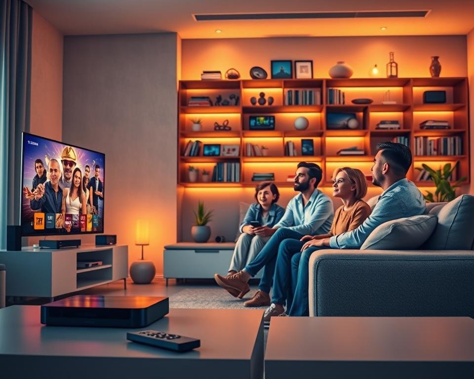 A dynamic and informative digital illustration depicting the advantages of IPTV services. The foreground features a modern living room setup with a sleek flat-screen TV displaying vibrant streaming options, surrounded by streaming devices and a remote control. In the middle ground, an engaged family of four sits on a comfortable sofa, dressed in smart casual attire, enjoying content together. The background shows a stylish bookshelf filled with technology books and decor, softly illuminated by warm ambient lighting to create a cozy atmosphere. The overall mood is lively and inviting, highlighting the benefits of IPTV in a family setting, with a focus on connectivity, accessibility, and entertainment options. The perspective is slightly angled, emphasizing the interaction of the family with the screen. A dynamic and informative digital illustration depicting the advantages of IPTV services. The foreground features a modern living room setup with a sleek flat-screen TV displaying vibrant streaming options, surrounded by streaming devices and a remote control. In the middle ground, an engaged family of four sits on a comfortable sofa, dressed in smart casual attire, enjoying content together. The background shows a stylish bookshelf filled with technology books and decor, softly illuminated by warm ambient lighting to create a cozy atmosphere. The overall mood is lively and inviting, highlighting the benefits of IPTV in a family setting, with a focus on connectivity, accessibility, and entertainment options. The perspective is slightly angled, emphasizing the interaction of the family with the screen.