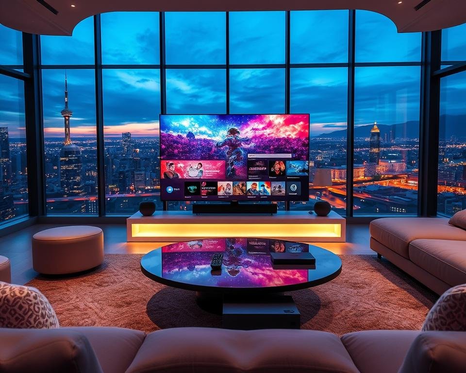 A futuristic living room featuring advanced streaming technology. In the foreground, a sleek, ultra-modern television displays vibrant visual content, showcasing an immersive viewing experience with stunning colors and intricate details. The middle ground includes a stylish coffee table, scattered with a remote control and smart devices, gleaming under soft, ambient lighting. The background features large windows with a panoramic city view at dusk, where the warm glow of city lights contrasts with a cool blue evening sky. The overall atmosphere conveys a sense of innovation and comfort, evoking excitement for revolutionary entertainment experiences. The scene is captured with a wide-angle lens to enhance depth, emphasizing the modern decor and technology in harmonious balance.