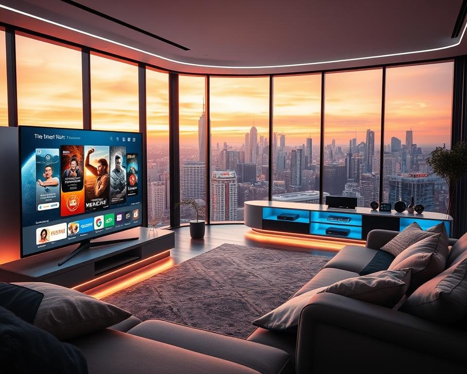A futuristic living room featuring advanced streaming technology. In the foreground, a sleek, modern flat-screen TV displays vibrant, high-definition imagery, showcasing various channels and streaming options. A comfortable sofa with stylish cushions invites viewers to relax. In the middle ground, a sophisticated entertainment unit houses smart devices and a media hub, glowing softly with ambient LED lighting. The background features large windows revealing a city skyline bathed in the warm glow of sunset, creating an inviting atmosphere. The scene is illuminated by soft, diffuse lighting, emphasizing a cozy yet high-tech ambiance. Use a wide-angle lens effect to capture the entire space, highlighting the seamless integration of technology into daily life.