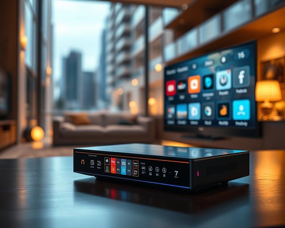 A futuristic multimedia player interface showcasing advanced features of Python IPTV. In the foreground, a sleek, modern device with a glowing screen displaying detailed channel options and user-friendly navigation. The middle ground highlights dynamic, interactive icons representing features like live streaming, video-on-demand, and multi-device compatibility. In the background, a subtle depiction of an urban setting with soft lighting, suggesting a cozy home entertainment atmosphere. The lighting is warm and inviting, creating a sense of technological sophistication. The camera angle is slightly tilted, emphasizing the multimedia player's design. The overall mood conveys innovation and seamless user experience, suitable for a tech-focused article. A futuristic multimedia player interface showcasing advanced features of Python IPTV. In the foreground, a sleek, modern device with a glowing screen displaying detailed channel options and user-friendly navigation. The middle ground highlights dynamic, interactive icons representing features like live streaming, video-on-demand, and multi-device compatibility. In the background, a subtle depiction of an urban setting with soft lighting, suggesting a cozy home entertainment atmosphere. The lighting is warm and inviting, creating a sense of technological sophistication. The camera angle is slightly tilted, emphasizing the multimedia player's design. The overall mood conveys innovation and seamless user experience, suitable for a tech-focused article.