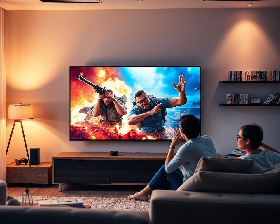 A high-definition streaming experience depicted in a modern living room setting. In the foreground, a sleek flat-screen TV displays vibrant colors and dynamic images, portraying a scene from an action-packed movie. The middle layer features a comfortable couch with a few casual, professionally dressed individuals, enjoying the content and expressing excitement. Soft, warm lighting casts a cozy atmosphere throughout the room, highlighting the quality of the streaming. In the background, shelves are lined with DVDs and tech gadgets, further emphasizing modern entertainment. The overall scene conveys a sense of immersion and high performance, showcasing the cutting-edge technology that makes IPTV streaming exceptional.