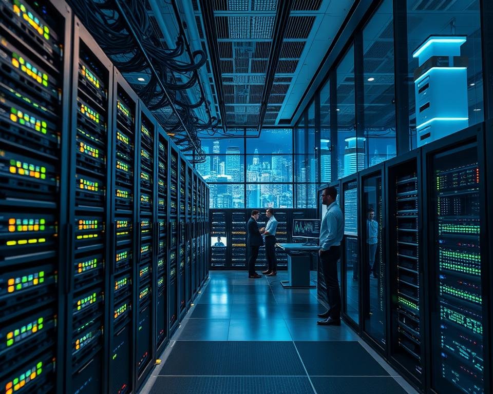A high-performance server network in a sleek, modern data center. In the foreground, rows of advanced servers with blinking LED indicators and intricate cabling, showcasing cutting-edge technology. The middle ground features an array of server racks, strategically organized for optimal airflow, with engineers in professional business attire monitoring screens displaying data analytics. The background includes a large glass window reflecting a digital cityscape, filled with energetic blue and green lighting that creates a futuristic atmosphere. Use soft, ambient lighting to highlight the servers while ensuring the engineers are well-lit, focusing on their concentration and collaboration. Aim for a wide-angle perspective to capture the scale of the operation, conveying innovation, efficiency, and professionalism in the world of IPTV services.