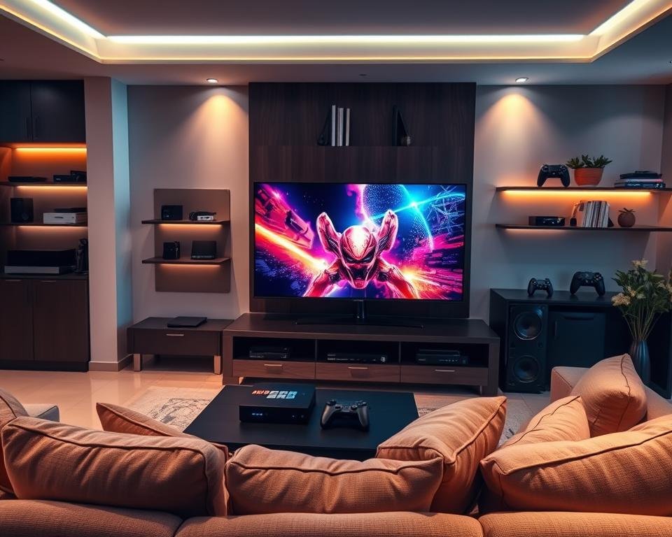 A high-tech living room, showcasing a sleek entertainment center with an IPTV setup. In the foreground, a modern flat-screen TV displays vibrant, high-definition imagery with vivid colors and sharp details, symbolizing the quality of IPTV. Surrounding it, various digital devices like streaming boxes and gaming consoles are neatly arranged. In the middle ground, a cozy sofa with stylish cushions invites viewers to relax and enjoy the experience. Soft, warm lighting enhances the atmosphere, creating a welcoming and engaging environment. The background features an elegant bookshelf with technology-themed decor, suggesting sophistication and modernity. The overall mood is inviting, illustrating the premium viewing experience that Majestic IPTV offers.