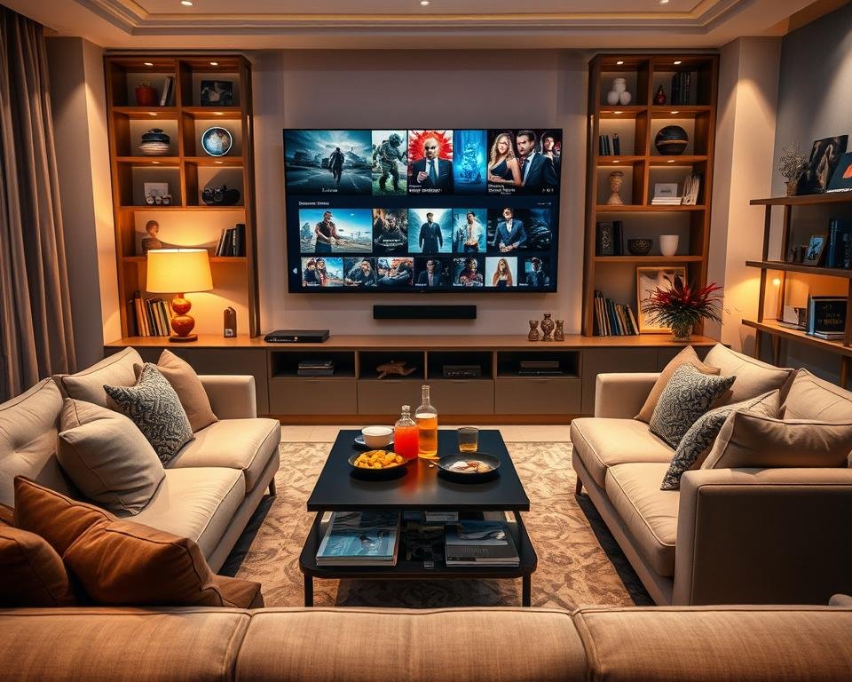 A luxurious living room scene showcasing premium streaming content. In the foreground, a comfortable, modern sofa adorned with chic cushions, a sleek coffee table featuring snacks and drinks. In the middle, a large flat-screen TV displays vibrant visuals of diverse genres: action, drama, and documentaries. Soft, ambient lighting creates a warm atmosphere. In the background, a well-stocked bookshelf with entertainment memorabilia and stylish decor further enhances the aesthetic. The overall feel is inviting, ideal for relaxation and enjoyment. Use a wide-angle lens to capture the entire scene, emphasizing the comfort and excitement of premium content streaming. The lighting should be soft and welcoming, evoking a sense of luxury and exceptional variety.