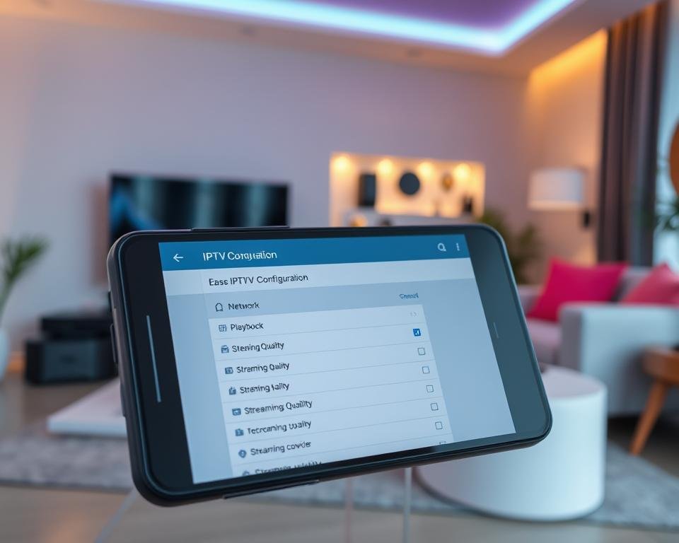 A modern Android smartphone displaying an IPTV configuration application interface on its screen. The foreground features a close-up of the device, with clear icons representing various settings like "Network," "Playback," and "Streaming Quality." In the middle ground, there are various electronic devices like a smart TV, a router, and a streaming device illustrating a connected home entertainment setup. The background includes a cozy living room with soft lighting, creating a welcoming atmosphere, and hints of a futuristic design with sleek furniture and vibrant colors. The overall mood is tech-savvy and inviting, showcasing the ease of IPTV configuration on Android devices. The scene is well-lit to accentuate details, shot from a slightly elevated angle to enhance viewability while maintaining focus on the mobile device’s screen.