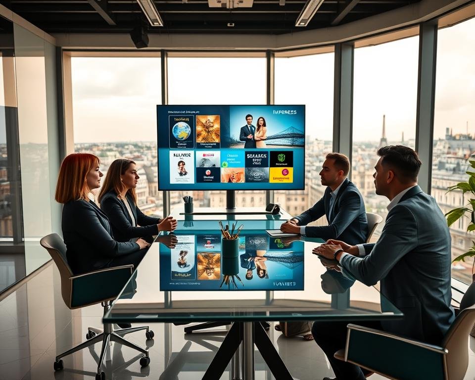 A modern IPTV office environment in France, showcasing a sleek and stylish workspace. In the foreground, a diverse group of three professionals—one woman and two men—dressed in smart business attire, sitting around a glass table while discussing IPTV subscription options. The middle ground features a large digital screen displaying various IPTV packages and promotional graphics, captured in vibrant colors. In the background, an elegant cityscape of Paris can be seen through large windows, suggesting a vibrant urban setting. Soft, natural lighting fills the room, creating a warm and welcoming atmosphere. The scene embodies professionalism, innovation, and a focus on customer service in the IPTV industry. A modern IPTV office environment in France, showcasing a sleek and stylish workspace. In the foreground, a diverse group of three professionals—one woman and two men—dressed in smart business attire, sitting around a glass table while discussing IPTV subscription options. The middle ground features a large digital screen displaying various IPTV packages and promotional graphics, captured in vibrant colors. In the background, an elegant cityscape of Paris can be seen through large windows, suggesting a vibrant urban setting. Soft, natural lighting fills the room, creating a warm and welcoming atmosphere. The scene embodies professionalism, innovation, and a focus on customer service in the IPTV industry.