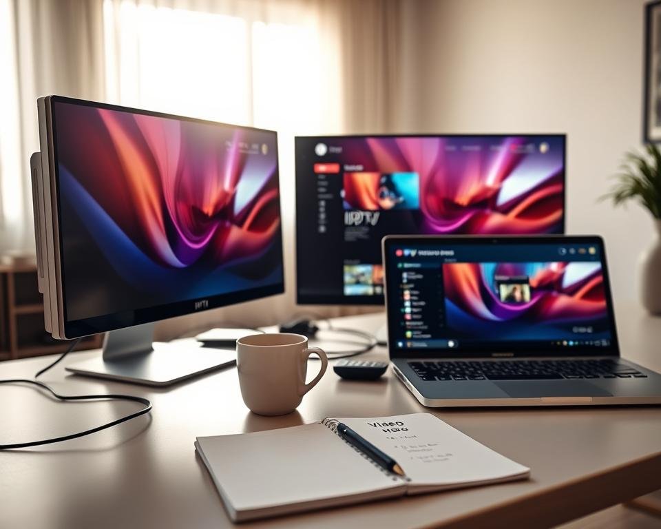 A modern PC and a sleek laptop are set up on a minimalist desk, showcasing a vibrant IPTV interface displayed on the screens. The foreground features both devices side by side, with visible USB cables and a remote control on the desk, emphasizing connectivity. In the middle ground, a cup of coffee and a notepad with video streaming notes hint at a casual yet focused working environment. The background consists of a softly lit room, with a window allowing natural light to filter in, creating a warm atmosphere. The overall mood conveys productivity and technology. The image is captured from a slightly elevated angle to provide a comprehensive view of the setup.