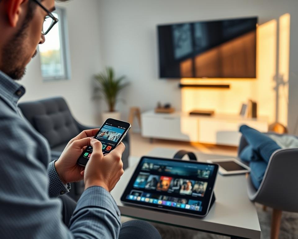 A modern and sleek mobile device setup in a well-lit, professional living room environment, focusing on the process of streaming content. In the foreground, a person in business casual attire is intently using a smartphone, displaying a user-friendly IPTV interface. The middle layer shows a tablet and a laptop on a stylish coffee table, each showcasing different streaming services. The background features a large, flat-screen television mounted on the wall, casting a warm glow that highlights the cozy atmosphere. Soft natural light filters through a large window, giving the room an inviting feel. The overall mood is one of efficiency and convenience, reflecting the seamless integration of mobile devices in accessing entertainment.