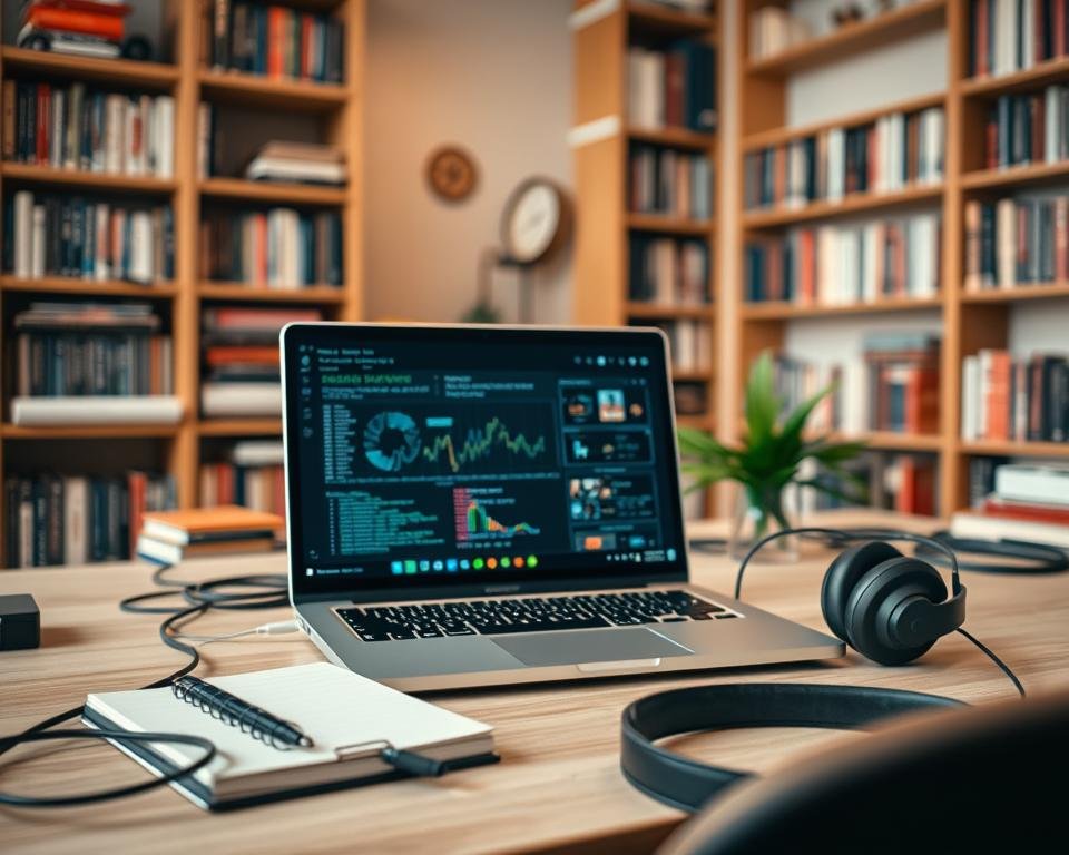 A modern and stylish desktop setup for configuring "Python IPTV" with a multimedia player interface on the screen. In the foreground, showcase a sleek laptop displaying vibrant graphs and coding elements related to IPTV configuration. The middle ground features a well-organized workspace with cables neatly arranged, a professional notebook, and a sophisticated pair of headphones. In the background, soft-focus bookshelves filled with technology and programming books create a knowledge-rich atmosphere. Use warm, natural lighting to enhance the inviting, productive mood of the scene. The angle should be slightly above the laptop, capturing both the screen and the overall workspace ambiance, evoking a sense of focus and innovation. A modern and stylish desktop setup for configuring "Python IPTV" with a multimedia player interface on the screen. In the foreground, showcase a sleek laptop displaying vibrant graphs and coding elements related to IPTV configuration. The middle ground features a well-organized workspace with cables neatly arranged, a professional notebook, and a sophisticated pair of headphones. In the background, soft-focus bookshelves filled with technology and programming books create a knowledge-rich atmosphere. Use warm, natural lighting to enhance the inviting, productive mood of the scene. The angle should be slightly above the laptop, capturing both the screen and the overall workspace ambiance, evoking a sense of focus and innovation.