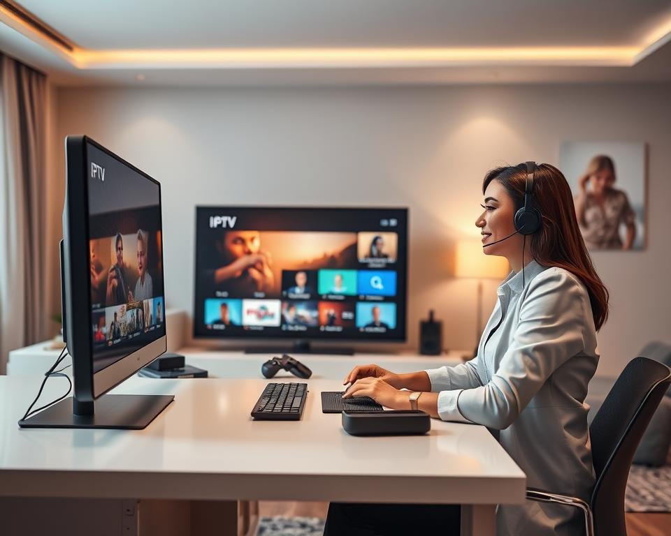 A modern customer support scene depicting a professional male and female support agent at a sleek, minimalistic desk. The agents, dressed in business attire, are engaged in a positive conversation while analyzing a high-definition television screen that showcases a vibrant interface of IPTV channels. Surrounding them are various technological gadgets and devices, emphasizing the premium nature of the service. The background features soft-focus images of a cozy living room setup, bathed in warm, inviting lighting to create a friendly atmosphere. The angle is slightly above eye level, capturing both agents' expressions of attentiveness and professionalism, establishing a welcoming and supportive mood for clients seeking assistance.