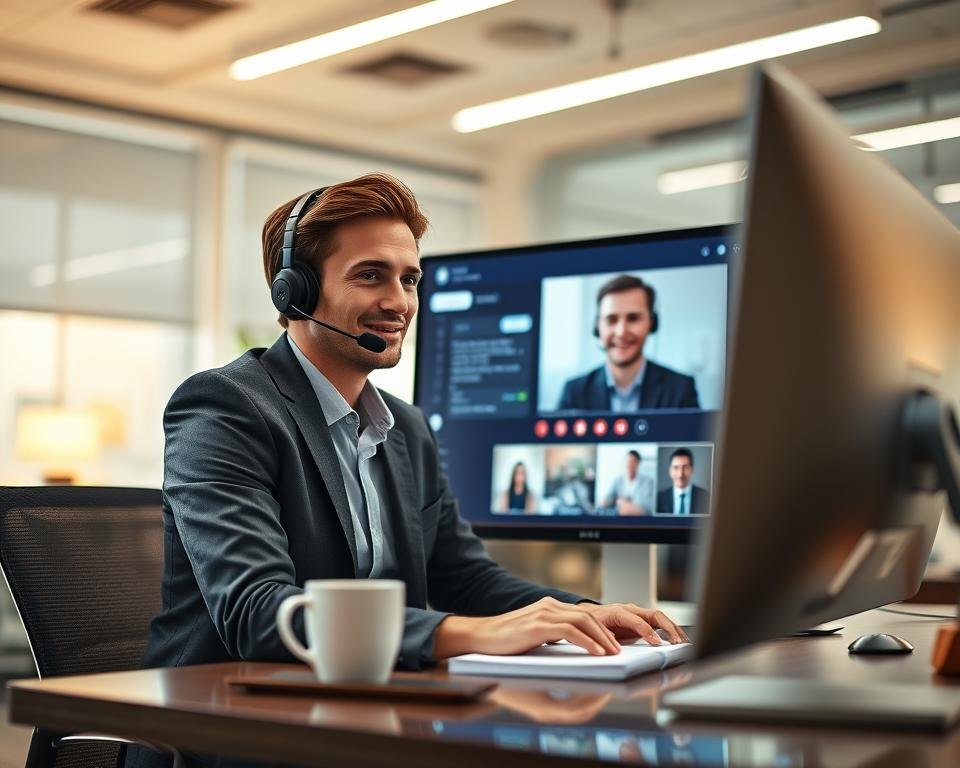 A modern customer support scene showcasing a friendly support agent assisting a client via video call on a sleek computer monitor. The foreground features a confident professional in business attire, sitting at a desk with a headset on, engaged in conversation. In the middle ground, a visible computer with a vibrant screen displays IPTV Nox’s interface. The agent's workspace is organized with a notepad and a coffee mug, hinting at a productive atmosphere. In the background, a well-lit office environment includes soft LED lighting that enhances a welcoming mood. The focus is wide-angle to capture both the agent and the inviting workspace, creating a sense of communication and support in the digital age.