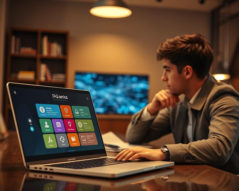 A modern digital workspace depicting "FAQ services streaming" related to IPTV subscriptions. In the foreground, a sleek laptop displays a colorful FAQ interface with engaging icons for questions and answers, illuminated by soft, warm lighting. A professional individual, dressed in smart casual attire, sits at a desk, thoughtfully looking at the screen, with a notebook and pen nearby. In the middle ground, an abstract visualization of data streams flows across the screen, representing digital connectivity and information exchange. The background features a contemporary office setting with a blurred bookshelf and a light source contributing to a focused yet relaxed atmosphere, evoking accessibility and expertise in the world of IPTV services.