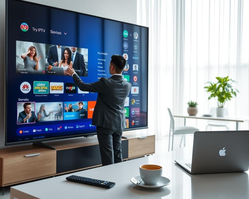 A modern digital workspace featuring a large, sleek monitor displaying an IPTV streaming interface, highlighting various channels and shows. In the foreground, a well-dressed individual in business attire is interacting with the monitor, demonstrating the ease of use and benefits of IPTV. The middle ground includes a stylish desk with a laptop, remote control, and a cup of coffee, symbolizing comfort while enjoying entertainment. In the background, a bright, minimalistic home office environment with large windows allowing natural soft light to flood in, creating an inviting atmosphere. The overall mood is suggestive of relaxation and convenience, focusing on the advantages of a free IPTV trial, capturing the essence of modern home entertainment.