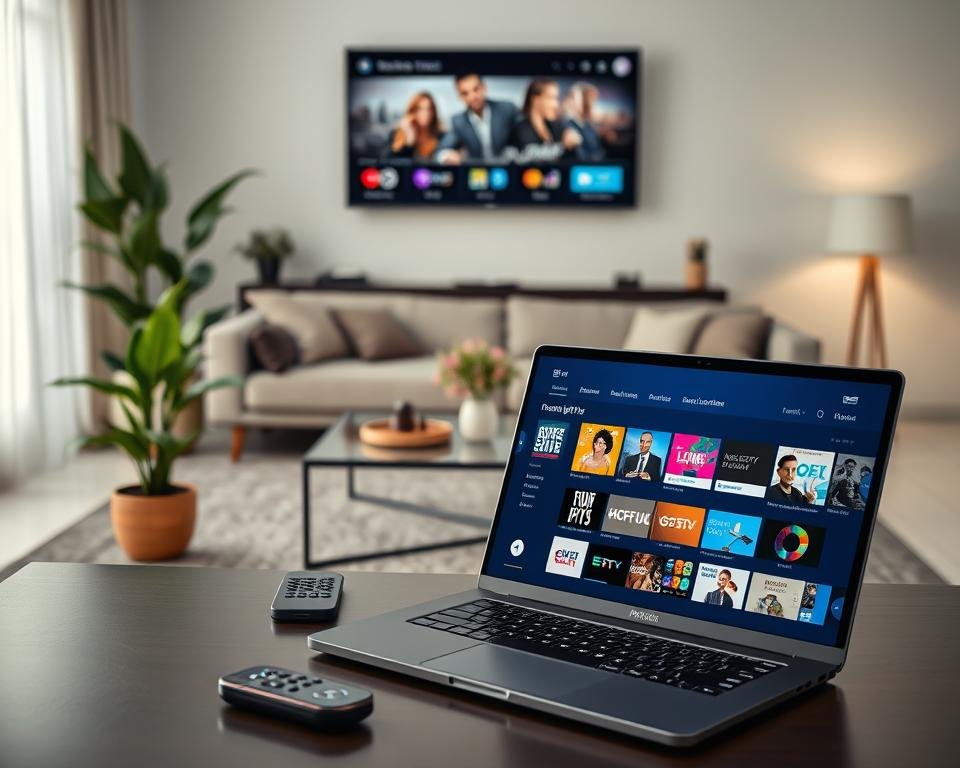 A modern digital workspace showcasing recommended IPTV applications. In the foreground, a sleek laptop displaying colorful app icons with the UI of popular IPTV applications visible on the screen. The middle ground features a stylish coffee table with a smart remote, a smartphone with a streaming app opened, and a vibrant plant adding a touch of nature. The background consists of a well-lit living room setting with soft, ambient lighting, highlighting a comfortable sofa, a wall-mounted TV showing image snippets of IPTV content, and minimalist decor. The atmosphere should feel inviting and tech-savvy, evoking excitement about exploring IPTV options. Capture the scene with a slightly angled perspective to enhance depth, using soft-focus effects on the background to draw attention to the IPTV applications in the foreground. A modern digital workspace showcasing recommended IPTV applications. In the foreground, a sleek laptop displaying colorful app icons with the UI of popular IPTV applications visible on the screen. The middle ground features a stylish coffee table with a smart remote, a smartphone with a streaming app opened, and a vibrant plant adding a touch of nature. The background consists of a well-lit living room setting with soft, ambient lighting, highlighting a comfortable sofa, a wall-mounted TV showing image snippets of IPTV content, and minimalist decor. The atmosphere should feel inviting and tech-savvy, evoking excitement about exploring IPTV options. Capture the scene with a slightly angled perspective to enhance depth, using soft-focus effects on the background to draw attention to the IPTV applications in the foreground.