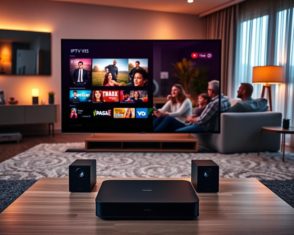 A modern home entertainment setup showcasing an optimized IPTV experience. In the foreground, a sleek, high-definition smart TV displays vibrant streaming content, surrounded by wireless speakers and a stylish coffee table. In the middle ground, a comfortable seating arrangement features a family engaged in watching, with vivid expressions of enjoyment. The background reveals an inviting living room with warm lighting, soft shadows, and modern decor, creating a cozy atmosphere. A large window with curtains lets in natural light, enhancing the ambiance. The entire scene conveys a sense of immersive entertainment, with a focus on technology and family interaction, captured in a warm, inviting color palette.