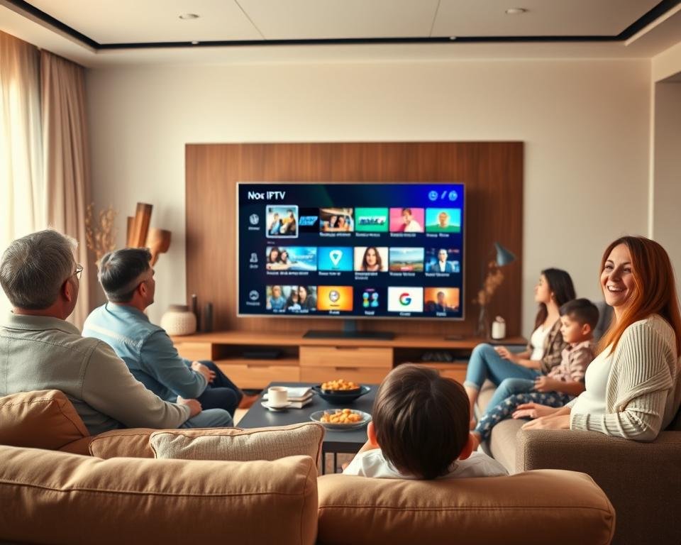 A modern home interior showcasing a family gathered around a sleek television screen displaying colorful IPTV content. In the foreground, a living room setting features a comfortable sofa and a coffee table with snacks. In the middle, a digital interface on the TV screen highlights various IPTV channels, with vibrant graphics illustrating the technology. The background should have a softly lit ambiance, with warm sunlight filtering through sheer curtains, creating an inviting atmosphere. Use a slightly wide-angle lens to capture the entire scene, emphasizing both the family interaction and the advanced technology of Nox IPTV. The overall mood should be cheerful and engaging, conveying the concept of entertainment and connectivity at home. A modern home interior showcasing a family gathered around a sleek television screen displaying colorful IPTV content. In the foreground, a living room setting features a comfortable sofa and a coffee table with snacks. In the middle, a digital interface on the TV screen highlights various IPTV channels, with vibrant graphics illustrating the technology. The background should have a softly lit ambiance, with warm sunlight filtering through sheer curtains, creating an inviting atmosphere. Use a slightly wide-angle lens to capture the entire scene, emphasizing both the family interaction and the advanced technology of Nox IPTV. The overall mood should be cheerful and engaging, conveying the concept of entertainment and connectivity at home.