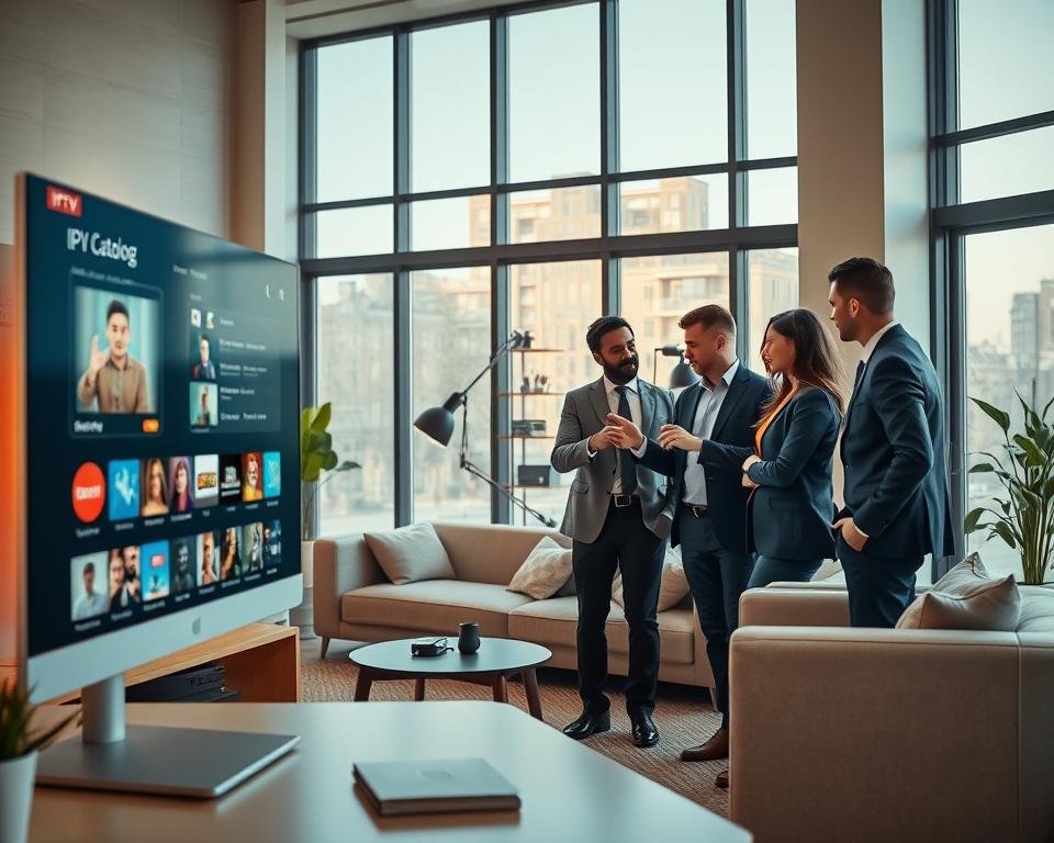 A modern home office environment featuring a sleek digital display showcasing an IPTV catalog interface. In the foreground, a diverse group of three professionals in business attire gathers around a stylish desk, engaged in discussion while pointing at the screen. The middle ground includes a contemporary sofa and shelves filled with tech gadgets, illustrating a cozy yet high-tech atmosphere. The background features large windows allowing natural light to flood the room, creating a bright and inviting mood. The overall lighting is warm and bright, enhancing the sense of discovery and excitement about the IPTV options available. A soft-focus lens effect adds depth to the scene, emphasizing the engaging interaction among the individuals.