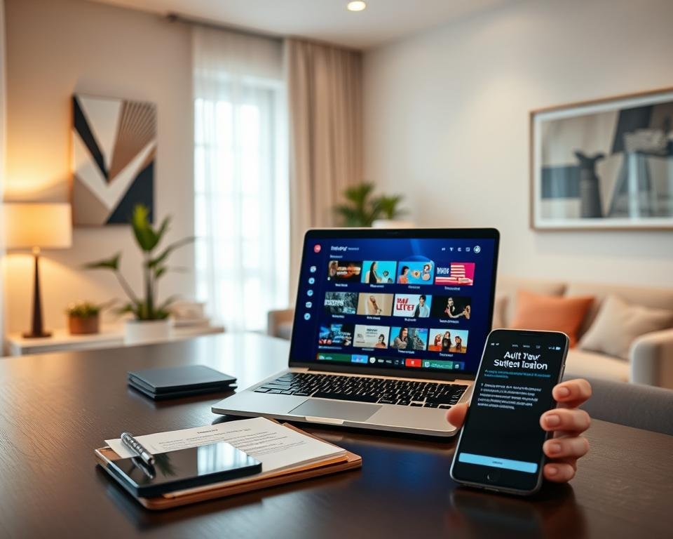 A modern home office setting with a sleek desk where a person in professional business attire is actively setting up their IPTV subscription on a laptop. The foreground features the laptop screen displaying a colorful, user-friendly interface for IPTV channels, with icons representing various adult lifestyle genres. The middle of the scene shows a well-organized workspace, with a notepad and a smartphone displaying reminders about the subscription activation process. In the background, soft lighting illuminates light-colored walls adorned with contemporary art, creating a cozy atmosphere. A large window lets in natural light, adding a warm feel. The overall mood is focused and informative, suggesting a blend of technology and relaxation.