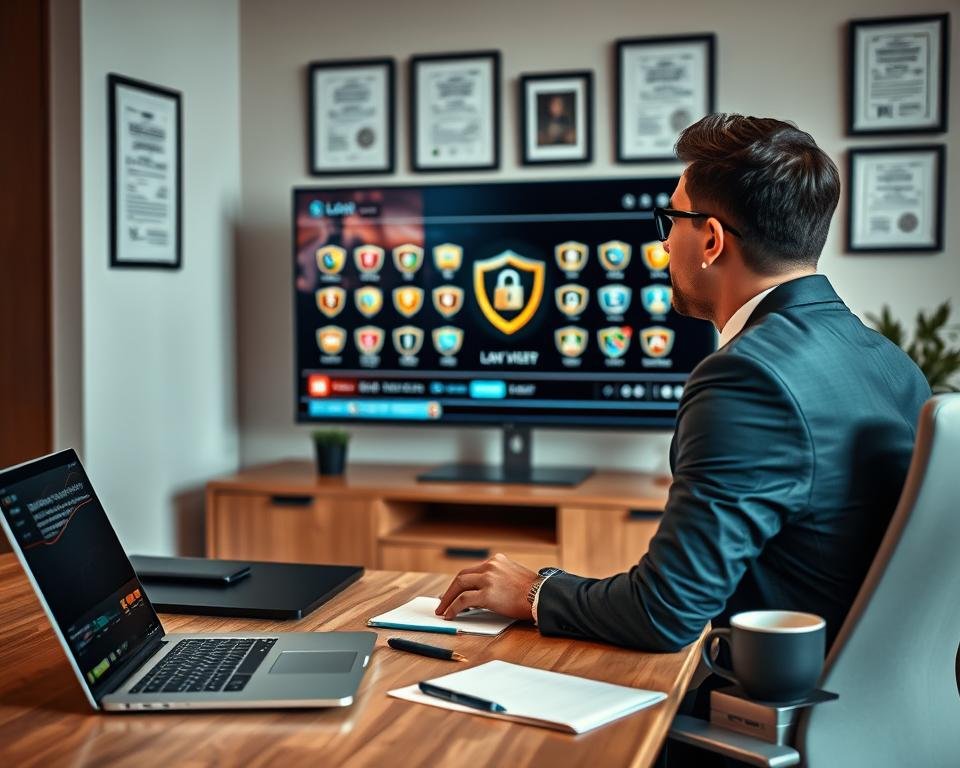 A modern home office setup featuring a person in professional business attire, intently watching a legal IPTV streaming service on a sleek computer screen. The foreground showcases a well-organized desk with a laptop, notepad, and a cup of coffee, emphasizing productivity and security. In the middle, there’s a large monitor displaying a digital interface filled with shield icons and security features, highlighting the importance of safety in streaming. The background includes neutral-toned walls adorned with framed law-related certificates and a potted plant for a touch of warmth. Soft, ambient lighting creates a calm and focused atmosphere, suggesting trust and compliance. The camera angle is slightly above eye level, emphasizing the subject's engagement with the content.