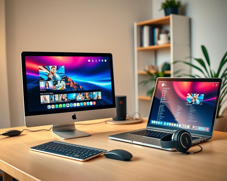 A modern home office setup featuring a sleek Mac computer displaying an IPTV streaming interface. In the foreground, a high-resolution monitor shows vibrant streaming content with colorful graphics. To the side, a Windows laptop with a similar interface, allowing comparison between the two setups. The desk is clutter-free with a stylish keyboard, a wireless mouse, and a set of professional headphones. The background features a soft-focus shelf with tech books and a green plant for a touch of nature. Warm, ambient lighting creates a cozy atmosphere, illuminating the workspace. Capture the scene from a slightly elevated angle to emphasize the equipment and the user experience, while maintaining a professional, inviting mood. A modern home office setup featuring a sleek Mac computer displaying an IPTV streaming interface. In the foreground, a high-resolution monitor shows vibrant streaming content with colorful graphics. To the side, a Windows laptop with a similar interface, allowing comparison between the two setups. The desk is clutter-free with a stylish keyboard, a wireless mouse, and a set of professional headphones. The background features a soft-focus shelf with tech books and a green plant for a touch of nature. Warm, ambient lighting creates a cozy atmosphere, illuminating the workspace. Capture the scene from a slightly elevated angle to emphasize the equipment and the user experience, while maintaining a professional, inviting mood.