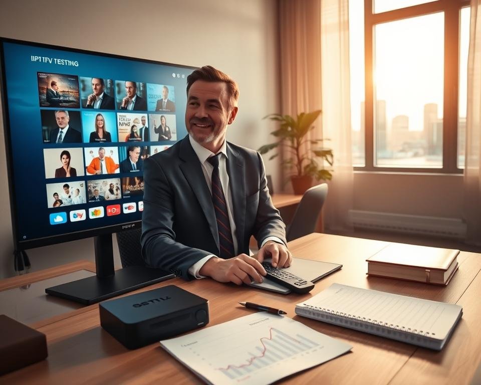 A modern home office setup featuring a sleek computer monitor displaying streaming services, symbolizing IPTV testing. In the foreground, a tech-savvy individual – a middle-aged man in professional business attire – is focused on the screen with a look of satisfaction. The middle ground includes a neatly arranged desk with an IPTV device and remote, alongside a notepad with graphs illustrating connection speed. In the background, a sunlit window reveals a cityscape, casting warm, natural light across the room. The atmosphere is professional and inviting, emphasizing the advantages of free IPTV testing. Use a wide-angle lens effect to create depth, ensuring a clear focus on the individual's engagement with the technology.