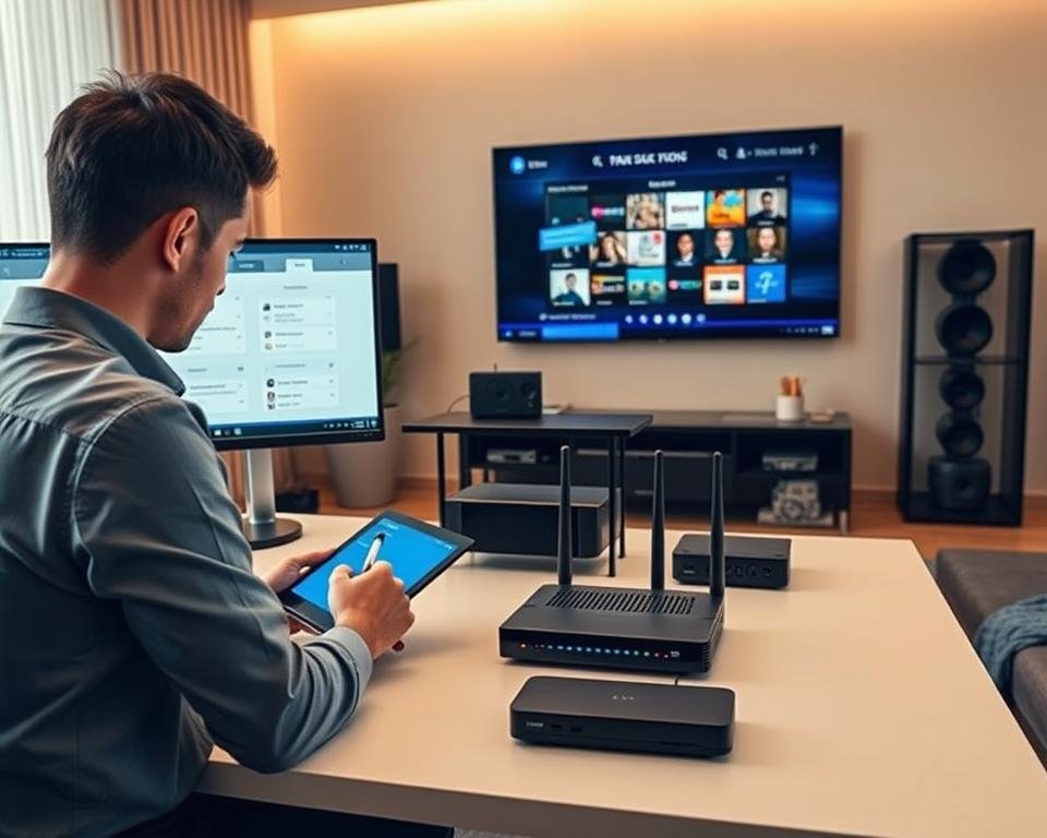 A modern home office setup focused on "Configuration streaming IPTV," showcasing a sleek computer desk with dual monitors displaying IPTV configuration settings. In the foreground, a professional in business casual attire, focused on the screens, takes notes on a tablet. The middle layer features a stylish router with LED indicators, and various streaming devices neatly arranged. The background is a cozy living room with a large flat-screen TV on the wall, displaying a vibrant streaming interface. Soft, warm lighting creates an inviting atmosphere, enhancing the sense of a tech-savvy environment. The angle is slightly elevated, capturing both the desk and the living room, emphasizing organization and clarity in technology in use.