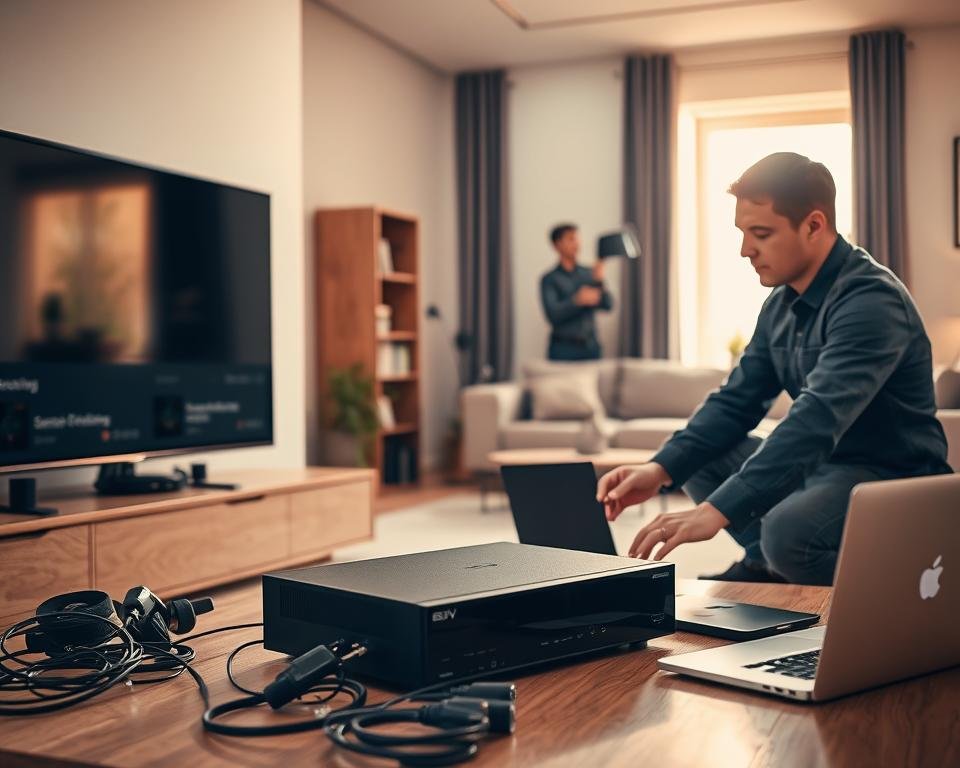 A modern home setting showcasing the installation process of IPTV. In the foreground, a professional technician in a smart casual outfit is carefully setting up a sleek IPTV device beside a flat-screen TV. Tools like cables and a laptop are neatly organized nearby. In the middle, the living room is well-lit with warm natural light streaming through a window, creating a welcoming atmosphere. The background features a stylish sofa and a bookshelf, hinting at a cozy family space. The mood is focused and informative, emphasizing technology in home entertainment. Capture this scene from a slightly elevated angle, highlighting both the technician's expertise and the modern setup.