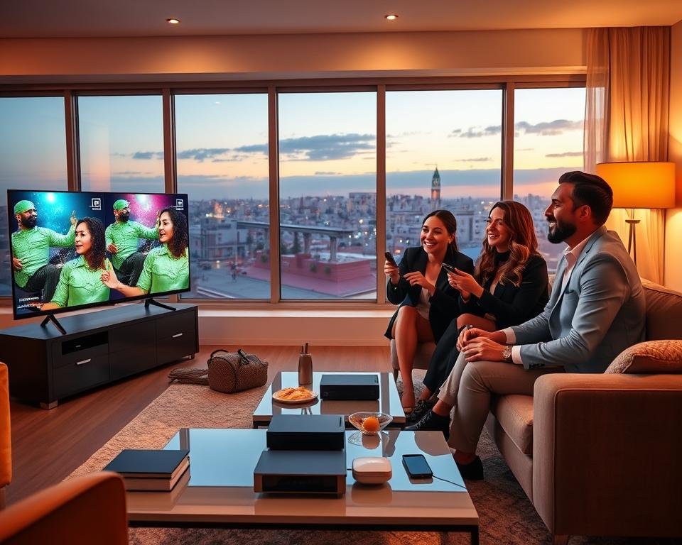 A modern, inviting living room setting featuring a sleek television displaying stunning high-definition content related to IPTV services. In the foreground, a diverse group of three adults, dressed in professional business attire, are joyfully interacting with remote controls while seated comfortably on a stylish couch. The middle ground showcases a stylish coffee table with IPTV devices and snacks, adding a casual touch. The atmosphere is warm and inviting, illuminated by soft, ambient lighting that enhances the cozy feel of the room. In the background, a large window reveals a picturesque view of a Moroccan cityscape at sunset, symbolizing the connection to IPTV Maroc. The image should evoke a sense of comfort, connection, and excitement about IPTV television services. A modern, inviting living room setting featuring a sleek television displaying stunning high-definition content related to IPTV services. In the foreground, a diverse group of three adults, dressed in professional business attire, are joyfully interacting with remote controls while seated comfortably on a stylish couch. The middle ground showcases a stylish coffee table with IPTV devices and snacks, adding a casual touch. The atmosphere is warm and inviting, illuminated by soft, ambient lighting that enhances the cozy feel of the room. In the background, a large window reveals a picturesque view of a Moroccan cityscape at sunset, symbolizing the connection to IPTV Maroc. The image should evoke a sense of comfort, connection, and excitement about IPTV television services.