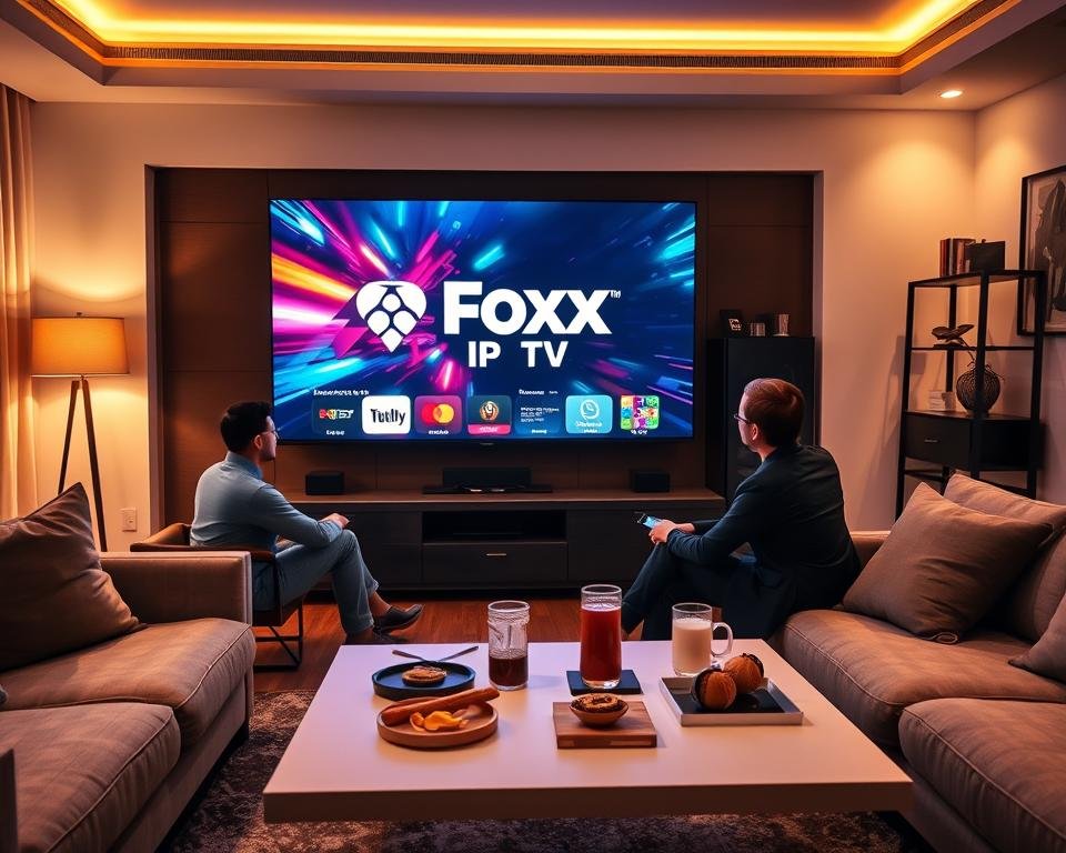 A modern living room designed for streaming entertainment, featuring a large flat-screen TV displaying vibrant, dynamic content with a logo representing "Foxx IPTV". In the foreground, a couple sits comfortably on a stylish sofa, dressed in casual yet professional clothing, absorbed in the viewing experience. The middle area showcases a sleek, minimalist coffee table with snacks and drinks, enhancing the atmosphere of an exclusive premium streaming night. In the background, soft ambient lighting casts a warm glow, complemented by decorative elements like a bookshelf and art on the walls, creating a cozy yet sophisticated environment. Use a soft focus effect for a warm, inviting mood, with a slight lens flare to add a sense of vibrancy and excitement to the scene.