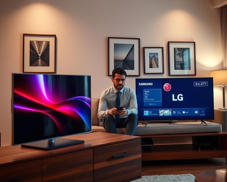 A modern living room featuring a Samsung and LG Smart TV prominently displayed on a stylish wooden media console. The foreground showcases the sleek designs of both TVs, each illuminated by warm, soft lighting emphasizing their high-definition screens. In the middle ground, a well-dressed professional is seated comfortably on a plush sofa, holding a remote control, engaged in setting up an IPTV configuration on the TV. The background includes a tastefully decorated wall with framed artwork and subtle ambient lighting, creating a cozy, inviting atmosphere. The scene should convey a sense of modern technology and user-friendliness, with a focus on the TVs and the act of configuration. The overall mood is calm and focused, highlighting the ease of setting up IPTV. A modern living room featuring a Samsung and LG Smart TV prominently displayed on a stylish wooden media console. The foreground showcases the sleek designs of both TVs, each illuminated by warm, soft lighting emphasizing their high-definition screens. In the middle ground, a well-dressed professional is seated comfortably on a plush sofa, holding a remote control, engaged in setting up an IPTV configuration on the TV. The background includes a tastefully decorated wall with framed artwork and subtle ambient lighting, creating a cozy, inviting atmosphere. The scene should convey a sense of modern technology and user-friendliness, with a focus on the TVs and the act of configuration. The overall mood is calm and focused, highlighting the ease of setting up IPTV.