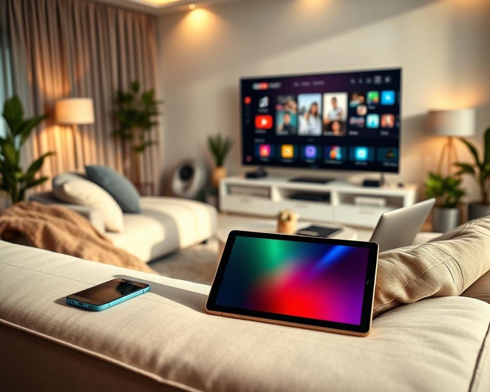 A modern living room featuring a cozy sofa with an assortment of multimedia devices displayed elegantly around it, including a tablet, smartphone, smart TV, and a laptop. In the foreground, prominently showcase a sleek tablet casting vibrant colors on the wall. The middle ground includes an ultra-modern smart TV with user-friendly interface and immersive imagery. The background features soft ambient lighting, with plush curtains and decorative plants creating a welcoming atmosphere. Use a warm color palette with gentle shadows to evoke a sense of comfort and technology integration. The scene should be captured from a slight angle to give depth, with natural light filtering through the windows, enhancing the feeling of a well-connected home environment.