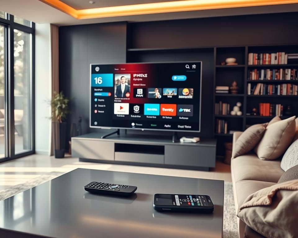 A modern living room featuring a large flat-screen TV displaying an interface for IPTV Nox. In the foreground, a stylish coffee table holds a remote control and a smartphone streaming. The middle ground includes a comfortable couch, elegantly arranged with pillows, and subtle ambient lighting creating a cozy atmosphere. The background showcases a sleek bookshelf filled with media-related items like DVDs and books, hinting at various entertainment options. The room is well-lit by natural light streaming through large windows, enhancing the inviting vibe. Use a slightly angled perspective to highlight the TV's display and the relaxing setting. The mood should feel warm and welcoming, perfect for enjoying streaming services.
